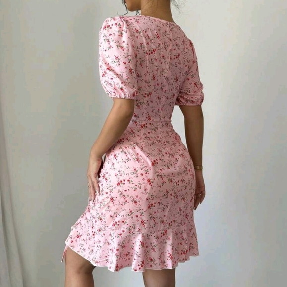 Pink Ditsy Floral Drawstring Ruffle Hem Mini Dress - Picture 2 of 4